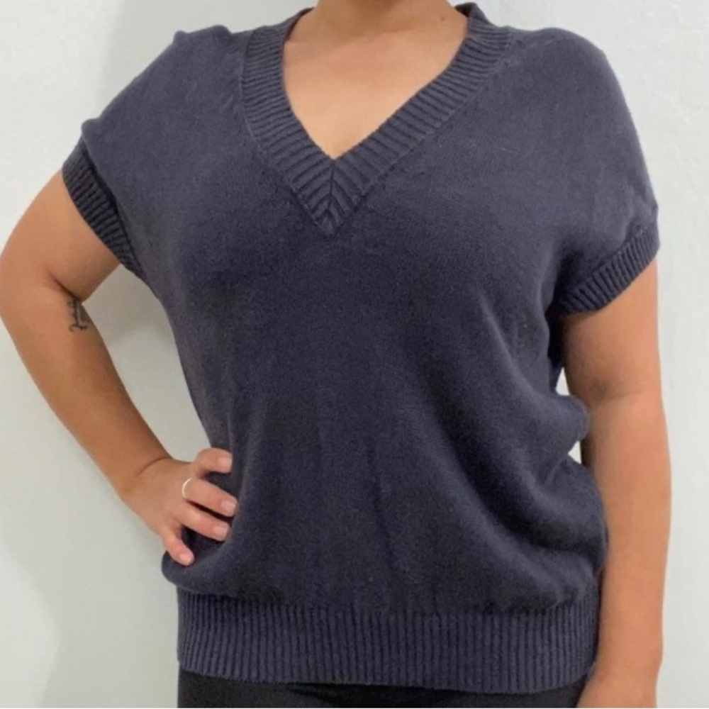 Bruno Manetti Women's M Linen Black V Neck Pullover Top Casual Lagenlook